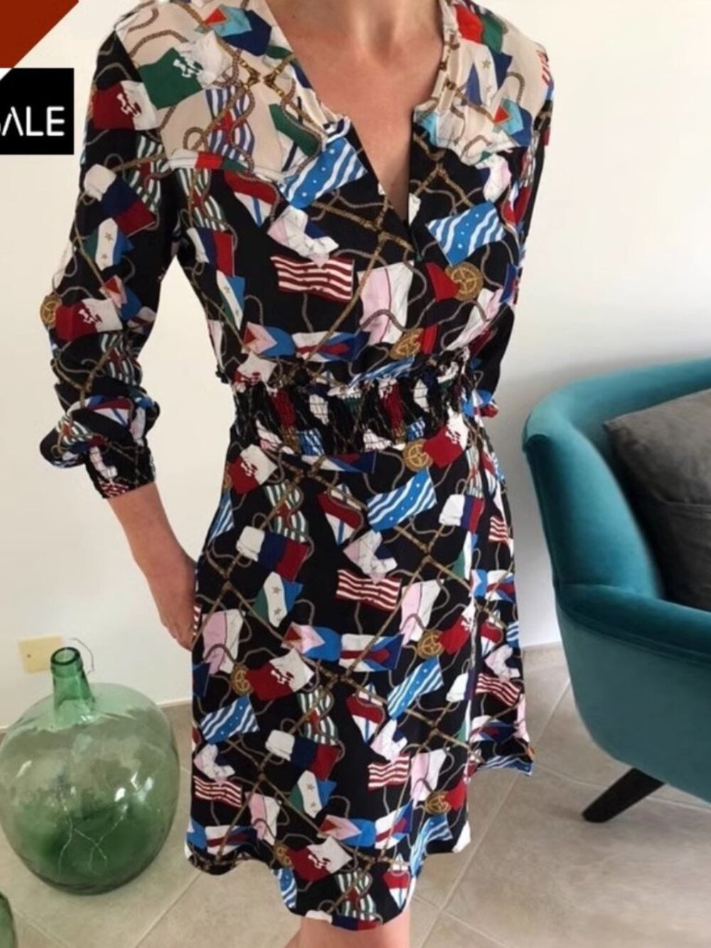 New printed V-neck long sleeve elastic waistband slimming A- line dress